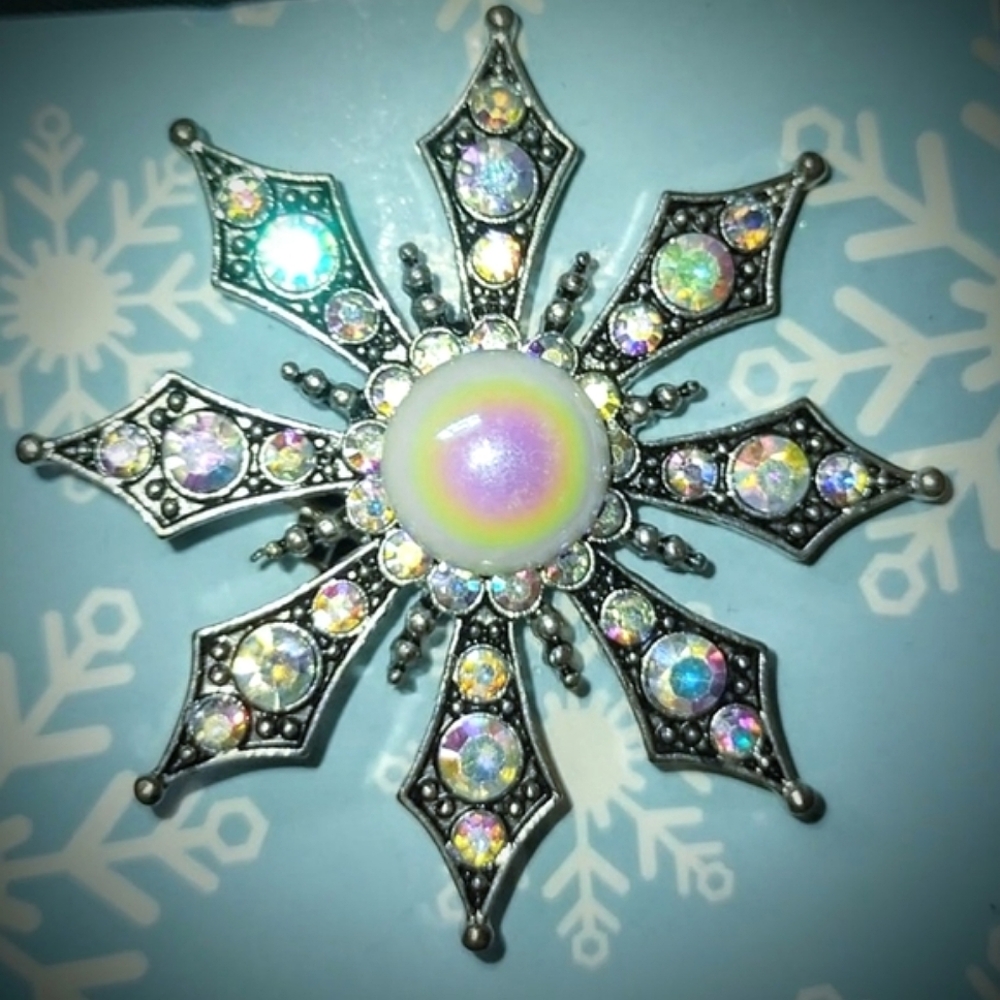Vintage AB Crystal  Snowflake Brooch Upcycled